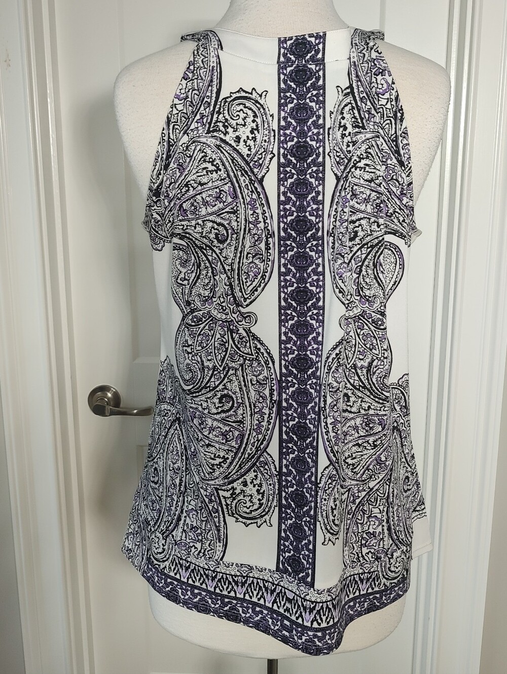 White House Black Market White and Purple Paisley Halter Top